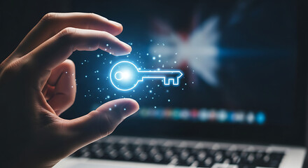 Fototapeta premium Human fingers delicately holding a glowing digital key icon symbolizing access to data security passwords or unlocking new technological opportunities on a computer