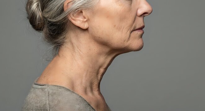 Senior Caucasian woman profile showing natural aging process with gray hair in bun, wrinkles and sagging skin on neck area against neutral background.