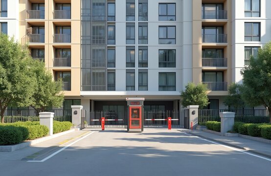 Automatic barrier guards entrance to modern apartment building complex. Red security booth controls vehicle access to private residential parking lot. Driveway with white lines.