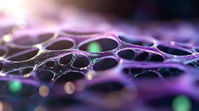 Abstract purple bubble foam texture with iridescent highlights and bokeh lights creating organic cellular patterns for modern design backgrounds.