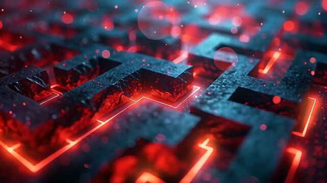 Glowing red neon lights illuminate a complex maze pattern on a dark metallic surface with a futuristic technology background perspective.
