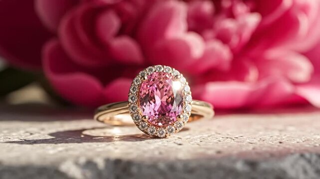 Pink gemstone ring with flower background.