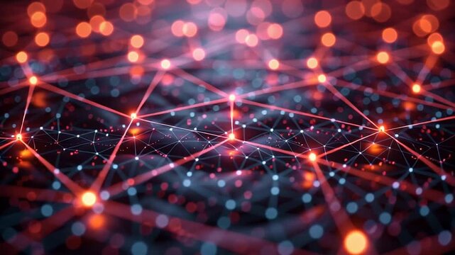 Complex network connections illuminated with vibrant orange lights and lines on a dark background in a futuristic illustration view.