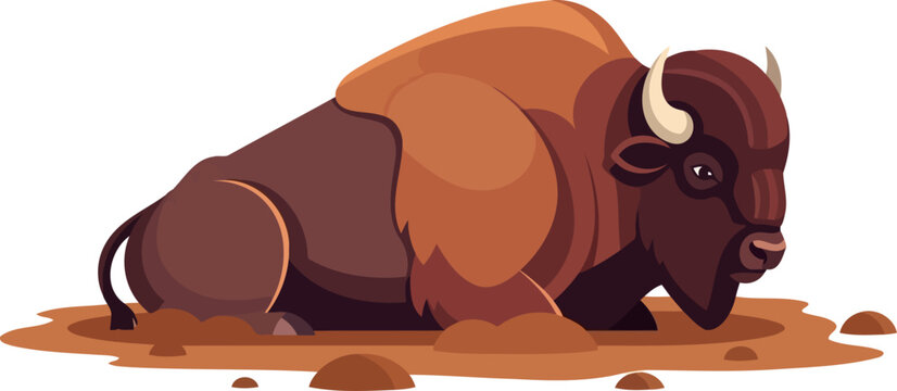 American bison resting in muddy ground illustration