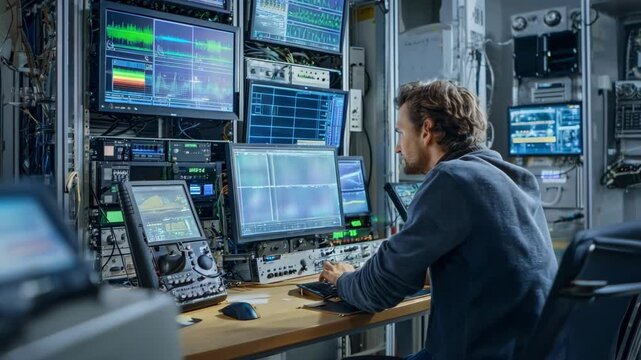 Engineer finetuning mobile network settings indoors surrounded by equipment and screens showing signal strength data and optimization algorithms.