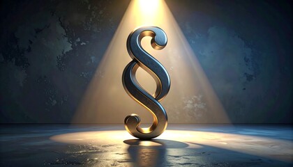 Obraz premium A metallic stylized paragraph symbol stands in a bright light beam, against a dark, textured backdrop. Symbol glows, highlighting curves