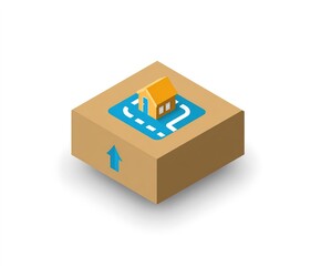 Obraz premium Creative display of a small house on top of a cardboard box representing delivery or storage in a simple design