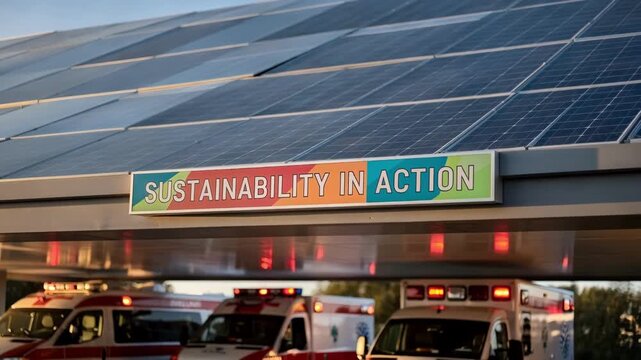 Close medium shot of solarpowered ambulance station roof featuring vibrant sustainability sign blurred ambulances parked beneath in soft light.