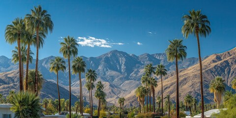 a panoramic view of the palm springs landscape with clear blue skies and mountains in the background, and palm trees Generative AI © SKIMP Art