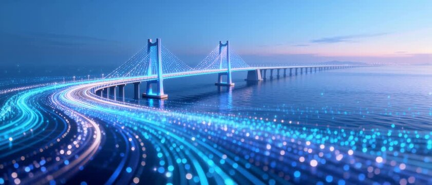 Modern Suspension Bridge Spanning Over Calm Water With Dynamic Light Trails At Dusk, Symbolizing Global Connectivity And Technological Advancement