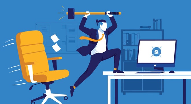 Illustration of a frustrated employee in a suit wielding a sledgehammer at a computer screen with an error symbol. An office chair moves away rapidly.