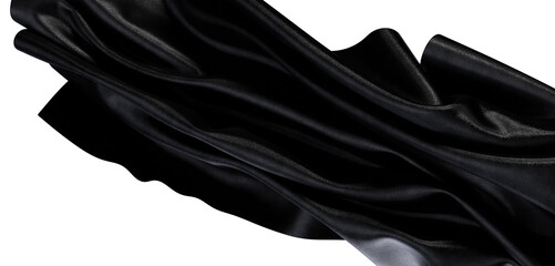 Naklejka premium Dramatic view of a luxurious black silk fabric draped and flowing, against a white backdrop, perfect for design needs.