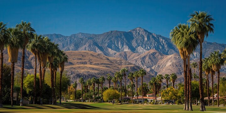 a panoramic view of the palm springs desert landscape, with palm trees and mountains in the background under clear blue skies Generative AI