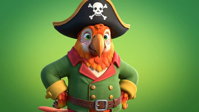 Pirate parrot wearing pirate hat with green background.
