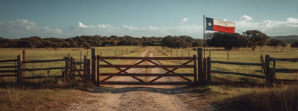 View of a Texas ranch gate with a Texas flag flying in the background near a dirt road and open fields
