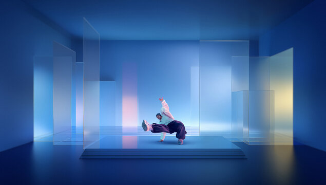 Clean composition breakdancer posing among translucent panels. Concept of architectural abstraction, fashion performance visuals, modern design concepts, and creative branding projects.