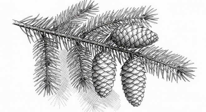 Detailed Spruce Branch with Pine Cones Botanical Illustration Black and White Drawing