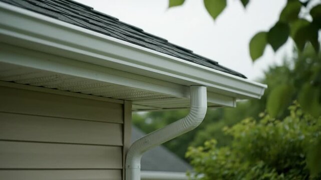 Rain gutter and downspout on house exterior.