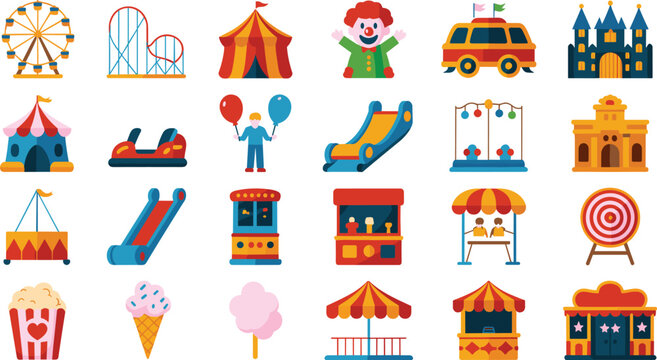 Fun fair entertainment vector collection. Amusement park objects, circus attractions, and playful activities. Flat colorful icons for children projects, event posters, games, and festival branding.