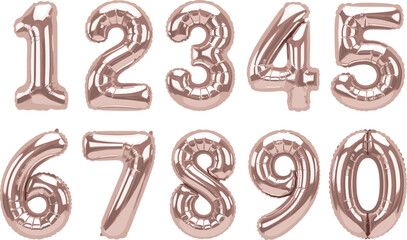 Metallic rose gold number balloons collection. Inflated foil digits zero to nine with glossy reflections. Elegant party numbers for celebrations, invitations, event posters, and luxury branding. © HazelQueen