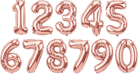 Rose gold balloon number set. Shiny metallic foil digits from zero to nine. Luxury inflatable numbers for birthday, anniversary, party decor, and celebration designs. © HazelQueen