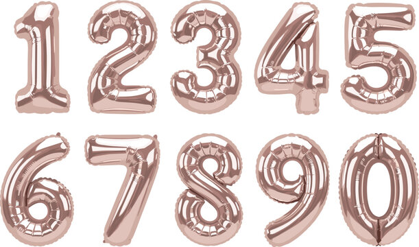 Metallic rose gold number balloons collection. Inflated foil digits zero to nine with glossy reflections. Elegant party numbers for celebrations, invitations, event posters, and luxury branding.