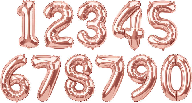 Rose gold balloon number set. Shiny metallic foil digits from zero to nine. Luxury inflatable numbers for birthday, anniversary, party decor, and celebration designs.