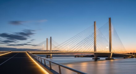 Obraz premium Modern cable-stayed bridge illuminated at dusk with reflections on water