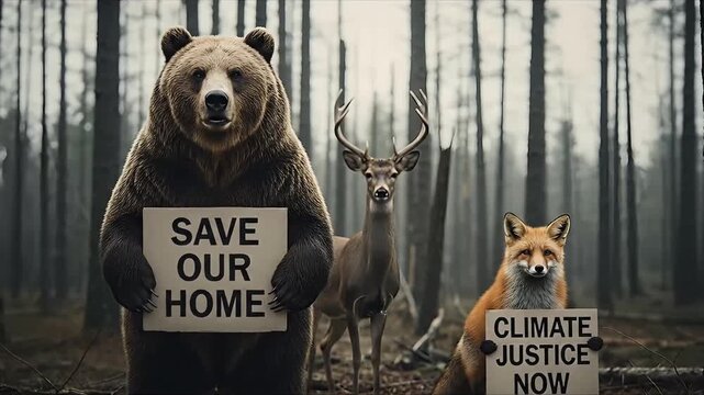 Bear deer fox protest signs save our home climate justice now forest activism environmental awareness wildlife conservation nature protection