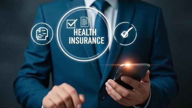 Businessman touches digital screen displaying health insurance policy document and checklist with smartphone in hand healthcare concept