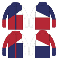 Standing Collar Winter Coat Technical Fashion Illustration. Quilted Puffer Jacket Vector Template. Cropped Silhouette. Horizontal Quilting. Welt Pockets. Relaxed Fit. Unisex Outerwear. CAD Mockup set.