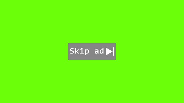 Digital Skip Ad Button Overlay with 5 Second Countdown Timer on Vibrant Green Screen Background for Video Production, Marketing, and Advertising Content Editing - High Quality 4K Motion Graphic