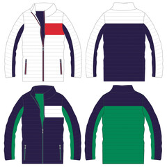 Standing Collar Winter Coat Technical Fashion Illustration. Quilted Puffer Jacket Vector Template. Cropped Silhouette. Horizontal Quilting. Welt Pockets. Relaxed Fit. Unisex Outerwear. CAD Mockup set.