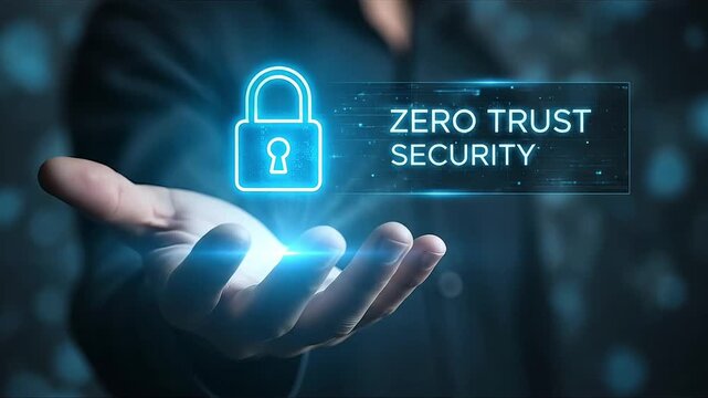 Digital padlock hologram glowing on a hand with zero trust security text futuristic cybersecurity concept