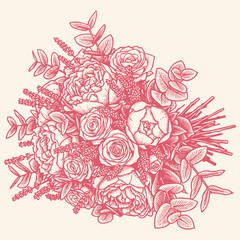 Elegant vector illustration of a floral bouquet with roses, peonies, and eucalyptus. Detailed botanical composition in a classic vintage engraving style.