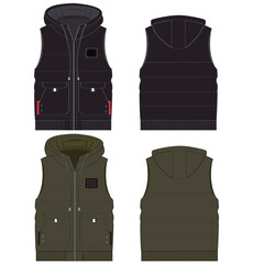 Standing Collar Winter Coat Technical Fashion Illustration. Quilted Puffer Jacket Vector Template. Cropped Silhouette. Horizontal Quilting. Welt Pockets. Relaxed Fit. Unisex Outerwear. CAD Mockup set.