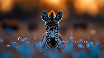 Fototapeta premium Young zebra foal portrait with distinctive black and white stripes emerging from blue wildflowers during golden hour sunset lighting in African savanna habitat.