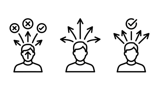 A simple black line illustration of three human heads with arrows and symbols indicating decision making and choice, viewed from the front.