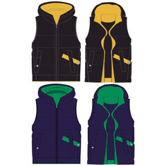 Standing Collar Winter Coat Technical Fashion Illustration. Quilted Puffer Jacket Vector Template. Cropped Silhouette. Horizontal Quilting. Welt Pockets. Relaxed Fit. Unisex Outerwear. CAD Mockup set.