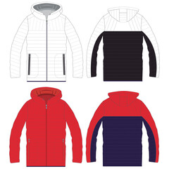 Standing Collar Winter Coat Technical Fashion Illustration. Quilted Puffer Jacket Vector Template. Cropped Silhouette. Horizontal Quilting. Welt Pockets. Relaxed Fit. Unisex Outerwear. CAD Mockup set.