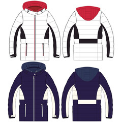 Standing Collar Winter Coat Technical Fashion Illustration. Quilted Puffer Jacket Vector Template. Cropped Silhouette. Horizontal Quilting. Welt Pockets. Relaxed Fit. Unisex Outerwear. CAD Mockup set.