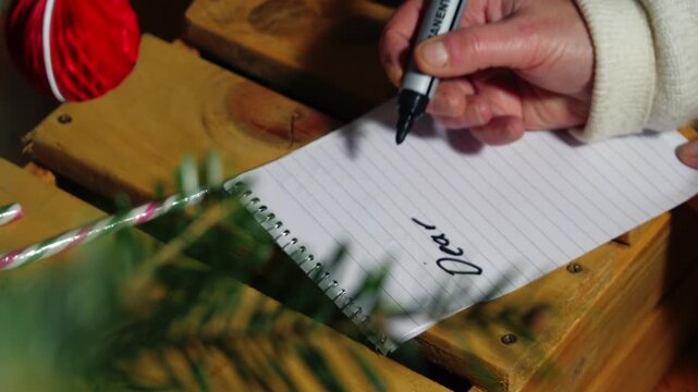 Writing a letter to Santa on notepad view through Christmas tree