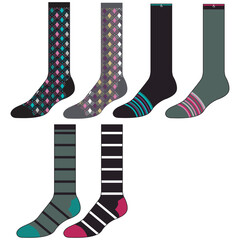 Socks technical drawing fashion design with silicone grip  sketch vector illustration template. Mock up cad drawing for unisex men's and women's football socks design.