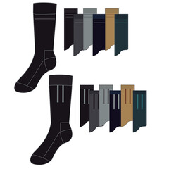 Socks technical drawing fashion design with silicone grip  sketch vector illustration template. Mock up cad drawing for unisex men's and women's football socks design.