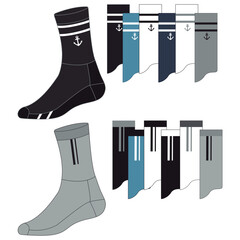 Socks technical drawing fashion design with silicone grip  sketch vector illustration template. Mock up cad drawing for unisex men's and women's football socks design.