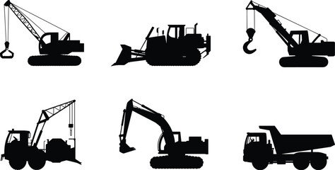 Heavy construction machinery silhouettes set, excavator bulldozer crane dump truck industrial vehicles isolated on white background illustration © Miss