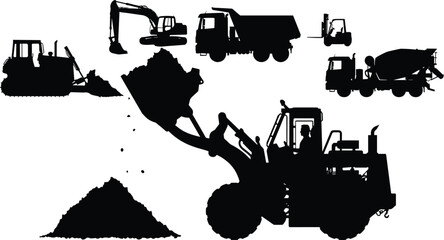 Heavy construction machinery silhouettes with excavator loader dump truck forklift bulldozer industrial equipment set isolated © Miss