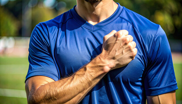 Soccer player holding fist over heart showing pride and dedication