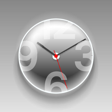 Simple clock in realistic style, with arrow and big numbers. Watch on gray background. Business time. Vector design element for you project