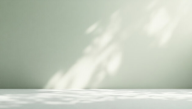 Green abstract light background for product presentation. Soft foliage shadow from the window on empty wall.
